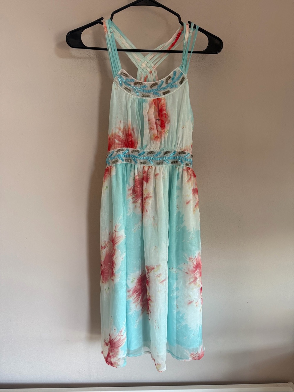 Feline Silk Blend Floral Beaded Midi Dress Aqua Pink Sleeveless Summer Style